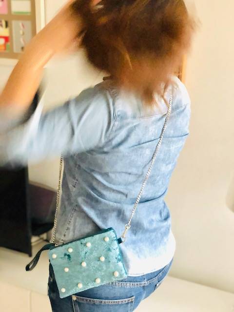 MINI BOLSO/MONEDERO TERCIOPELO PERLAS AZUL